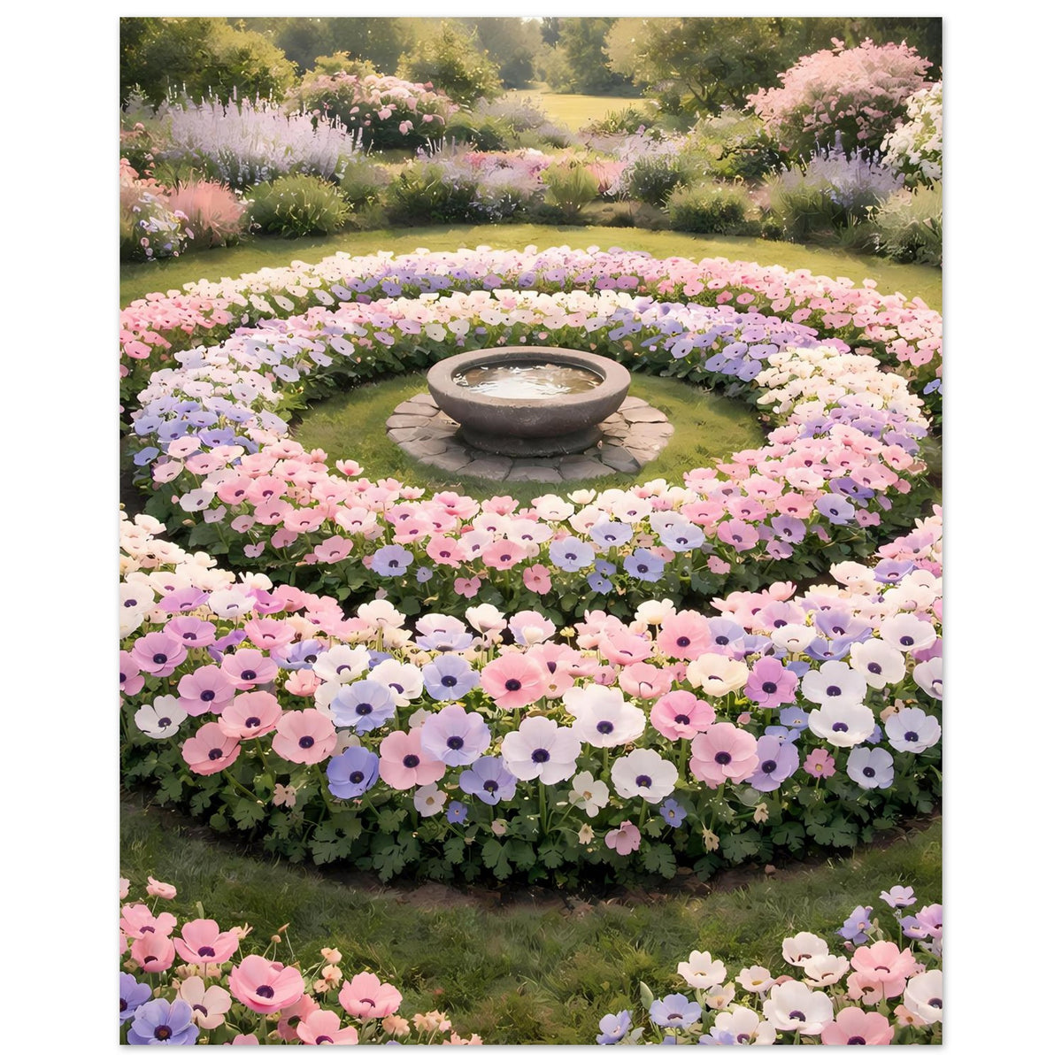 Blumenbeet-Poster im Hochformat: runde Pastellblumenbeete mit zentraler Stein-Schale