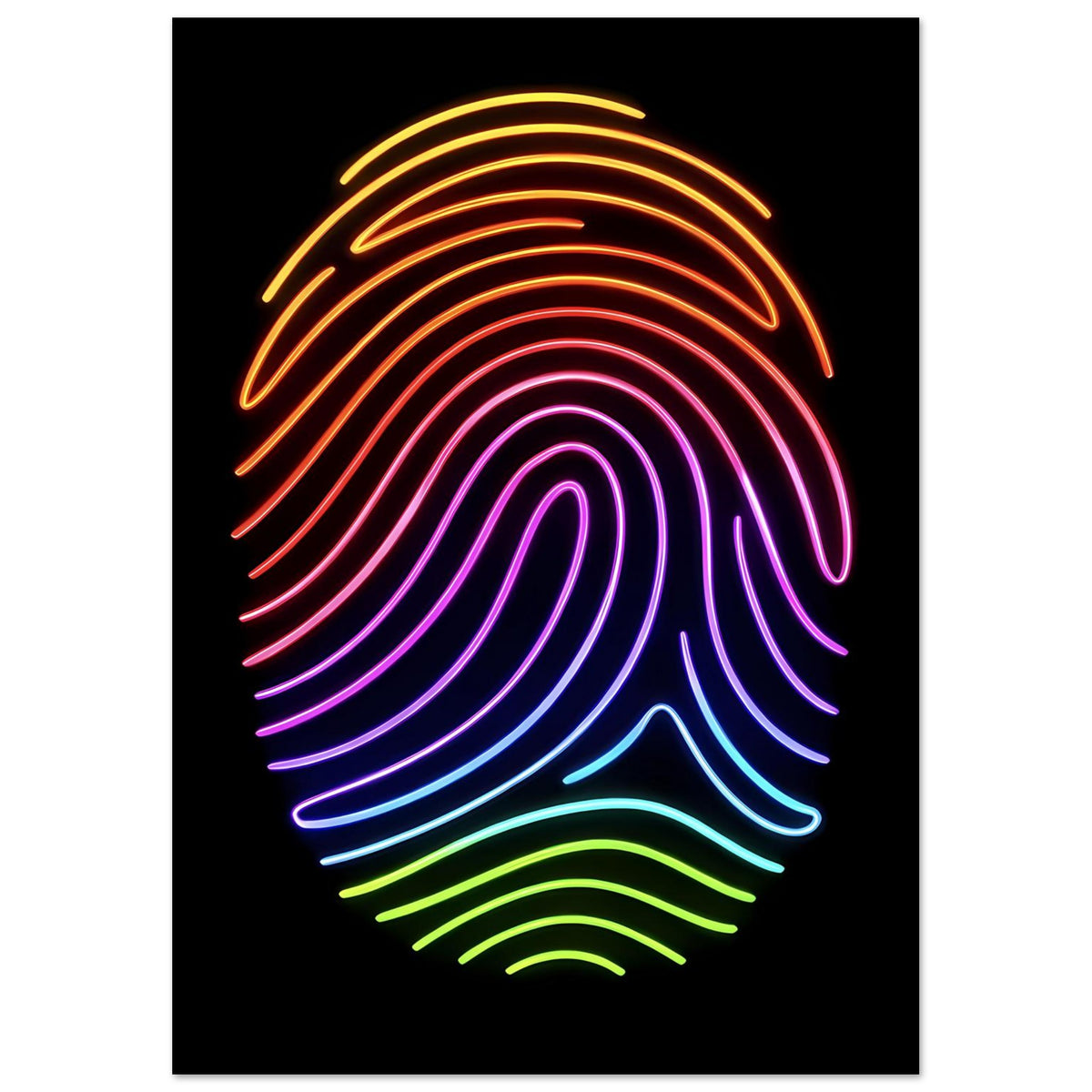 Neon-Regenbogen-Fingerabdruck-Poster, zentriertes Motiv mit Regenbogen-Spirallinien