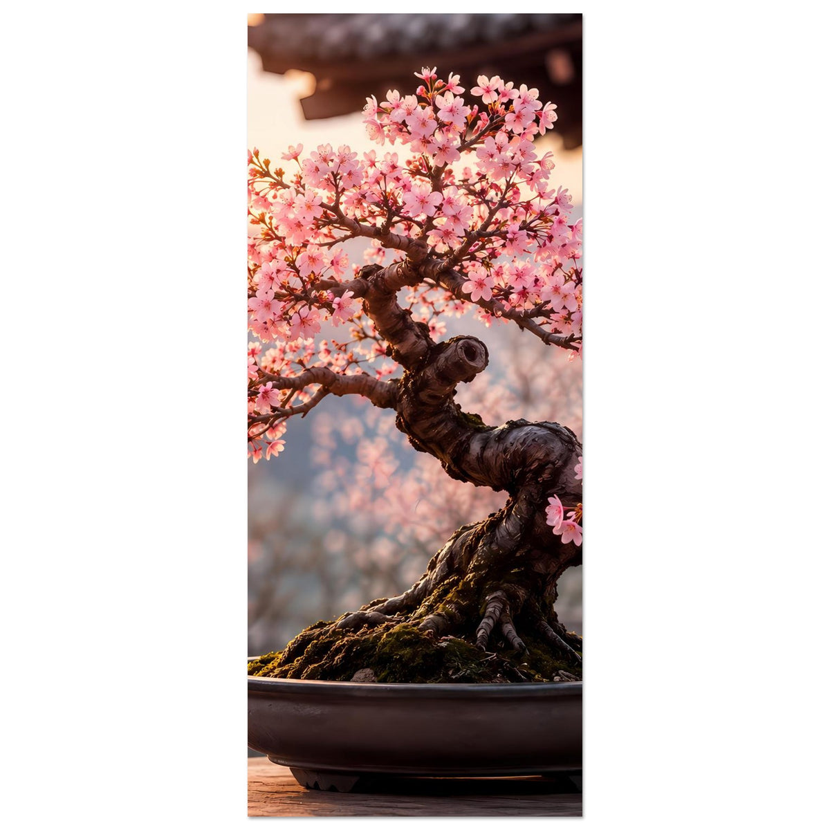 Schmales Poster: Bonsai mit rosa Blüten und runder brauner Schale