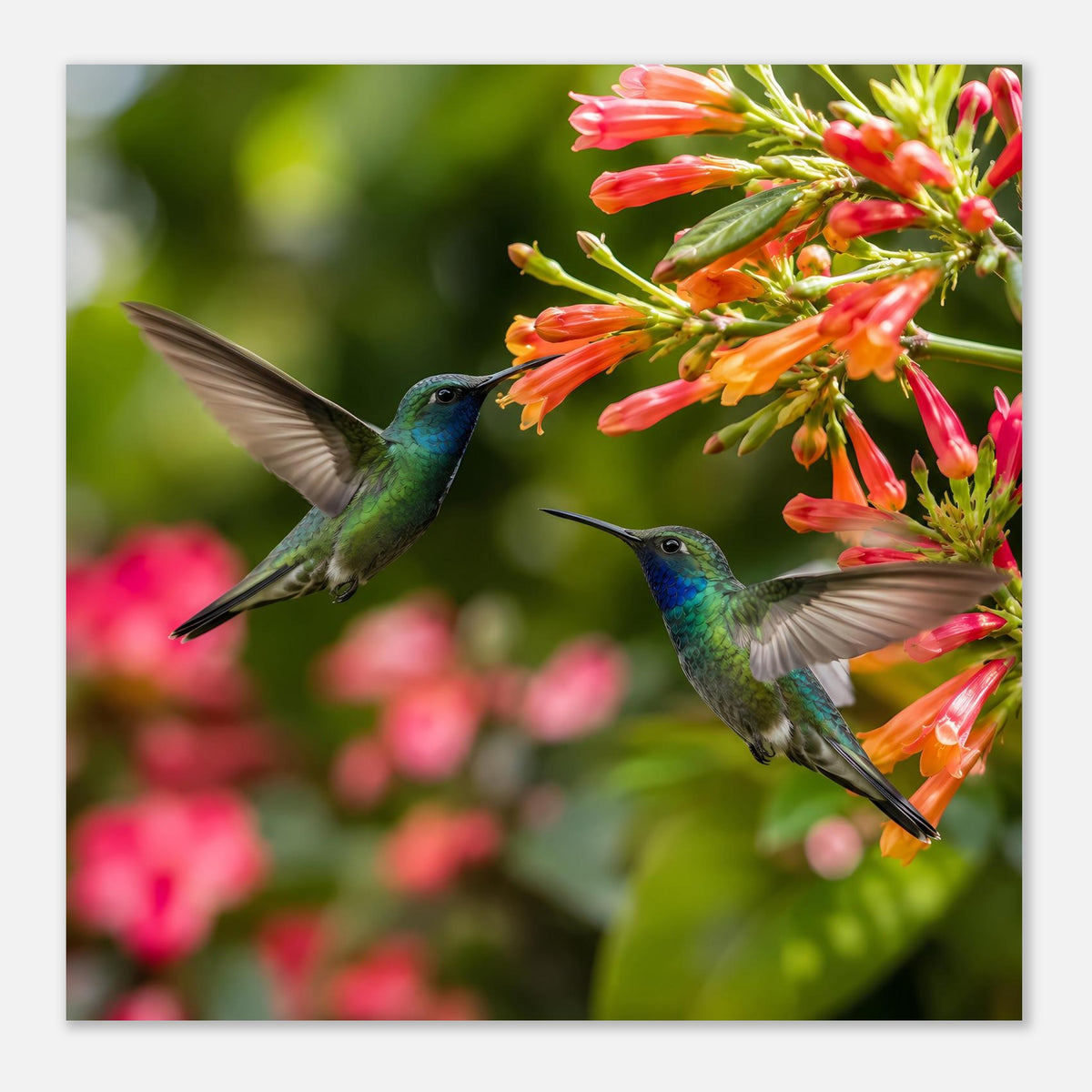 Matte Posteransicht mit Kolibris im Flug und roten Blütenrispen, weißer Rand