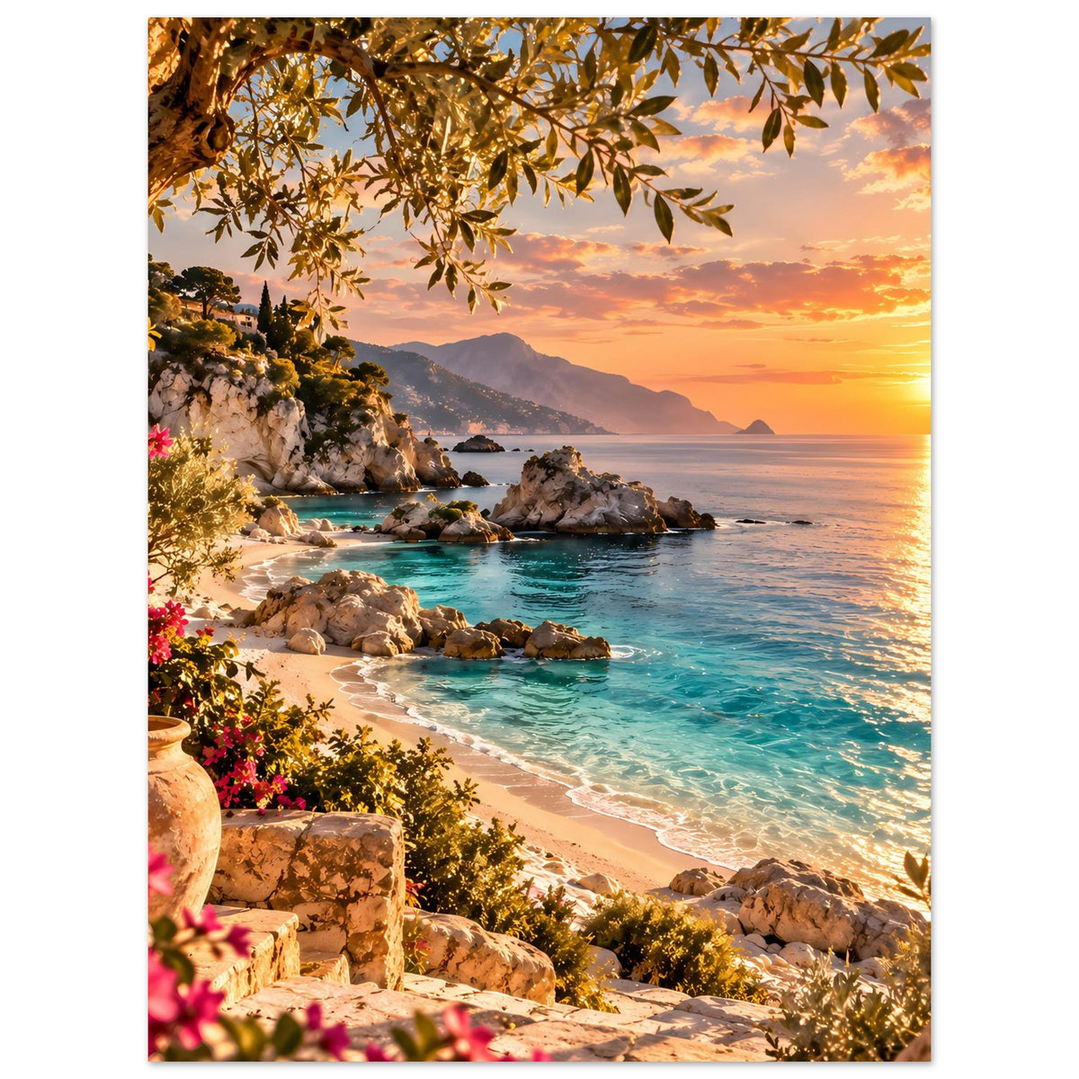 Strandposter mit Sonnenuntergang, türkisfarbenem Meer, Felsen und blühenden Sträuchern