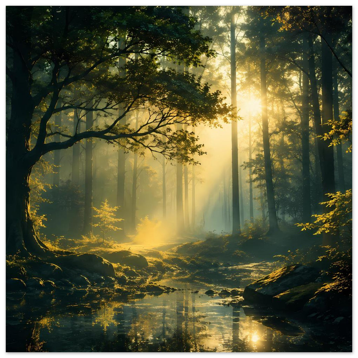 Poster mit Waldlandschaft bei Sonnenstrahlen und spiegelndem Bach im Morgennebel