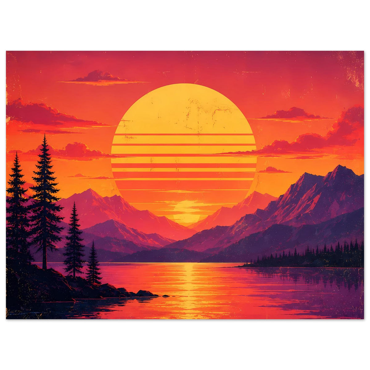 Querformat-Poster mit Retro-Sonnenuntergang, gelber Sonne, Bergsee und Tannen im Orange-Violett