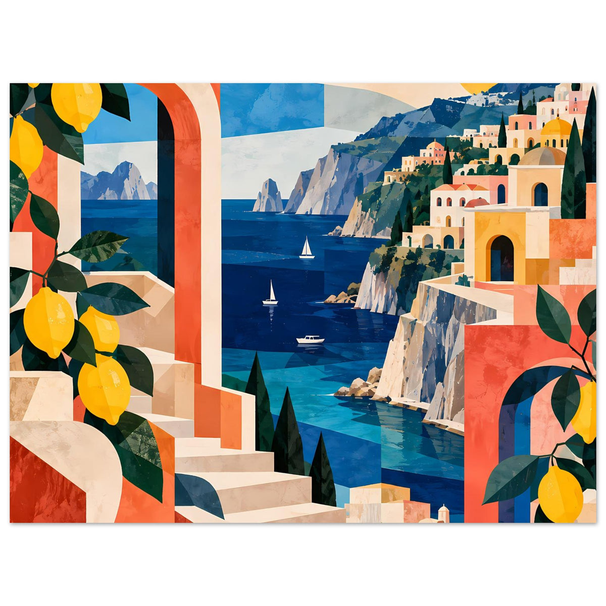 Mediterranes Küstenposter mit Zitronenmotiv im Hochformat, Meer, Felsen, Häuser und Zitronen