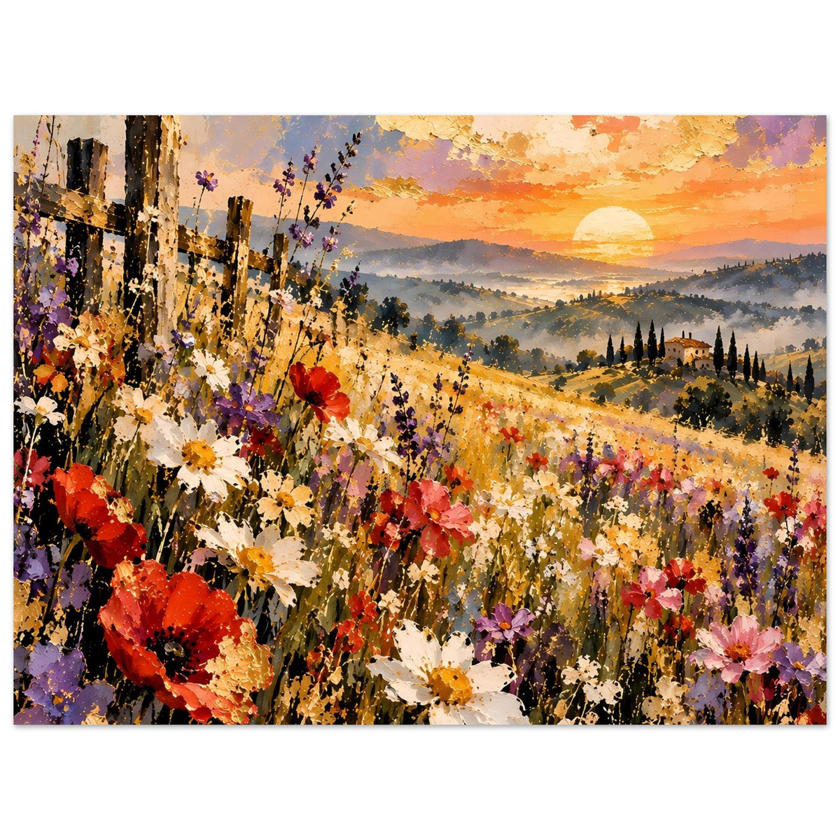 Landschaftsposter mit Blumenfeld, orange-gelber Sonne und malerischen Hügeln in der Ferne