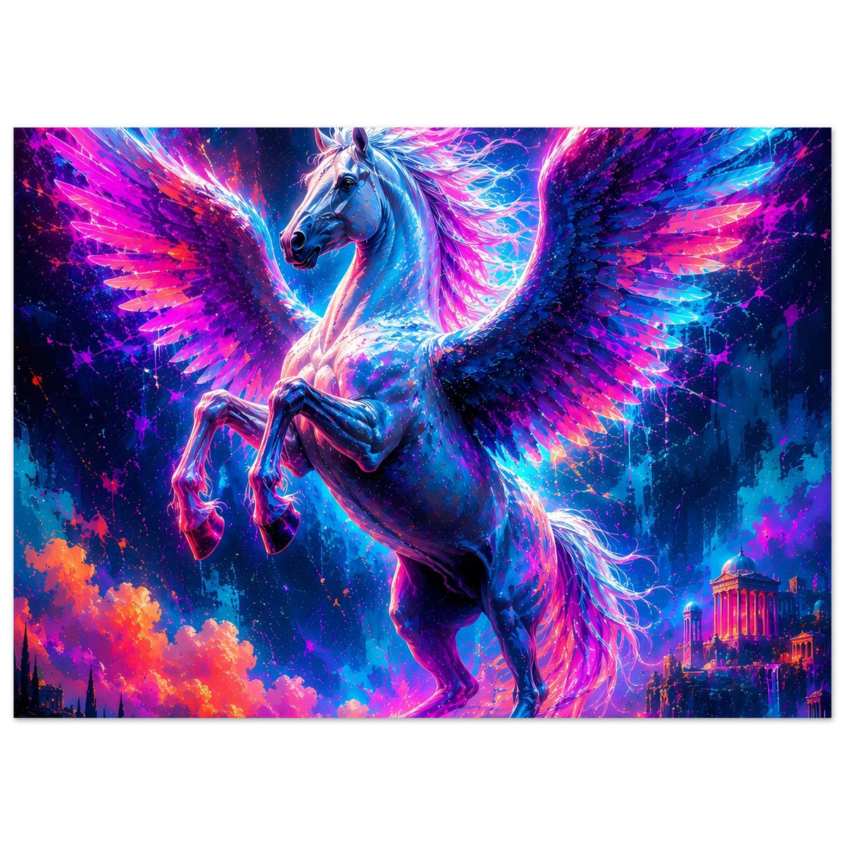 Leuchtendes Pegasus-Poster, Pegasus mit Flügeln, Neonfarben in Blau und Pink, querformat