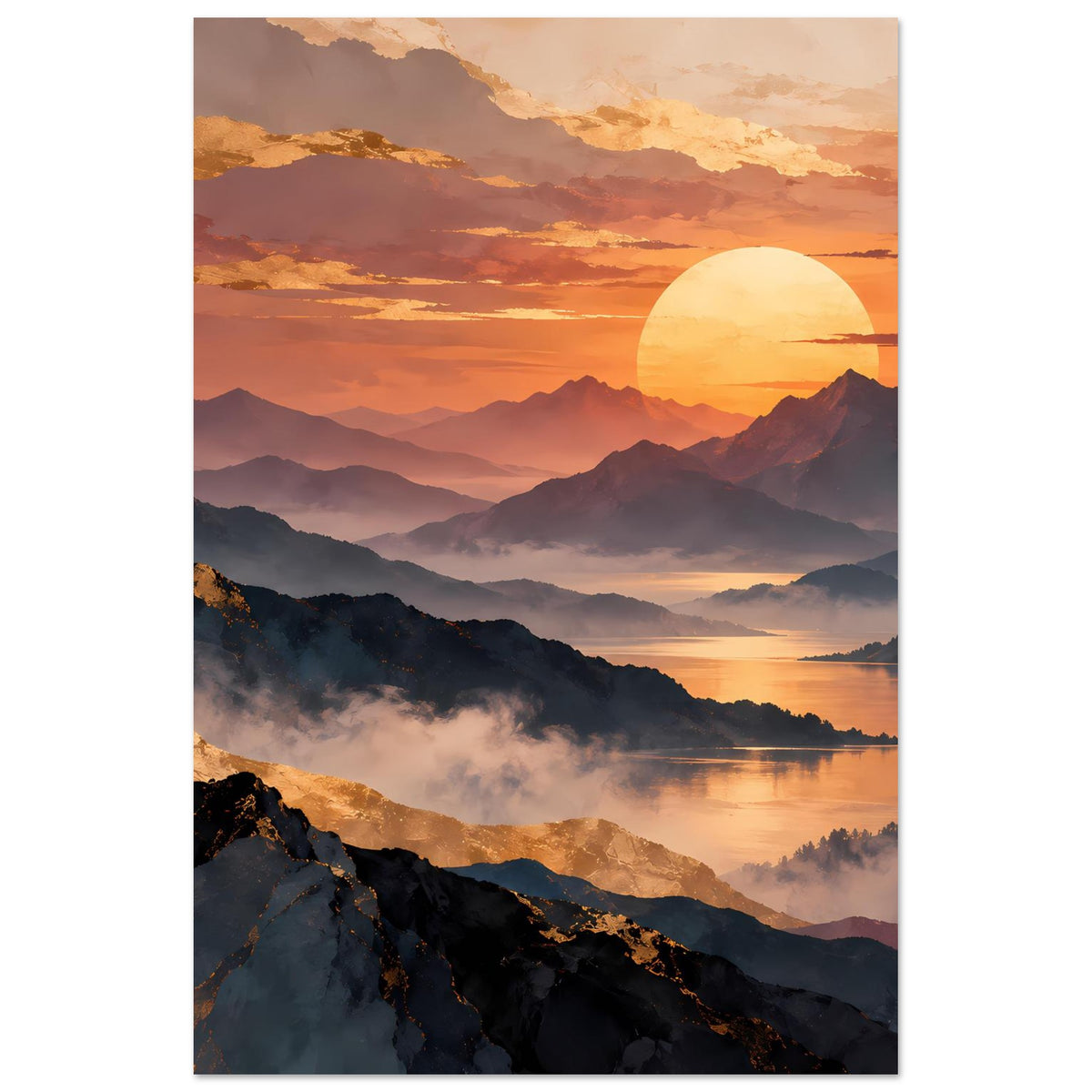 Vertikaler Posterdruck: Sonnenuntergang mit runder Sonne, Bergkette und See im Nebel.