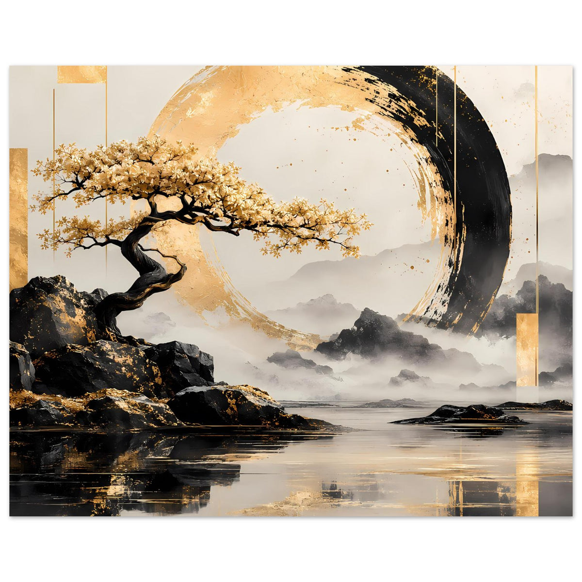 Horizontales Poster mit gold-schwarzem Kreis, Baum, Felsen und Wasserlandschaft