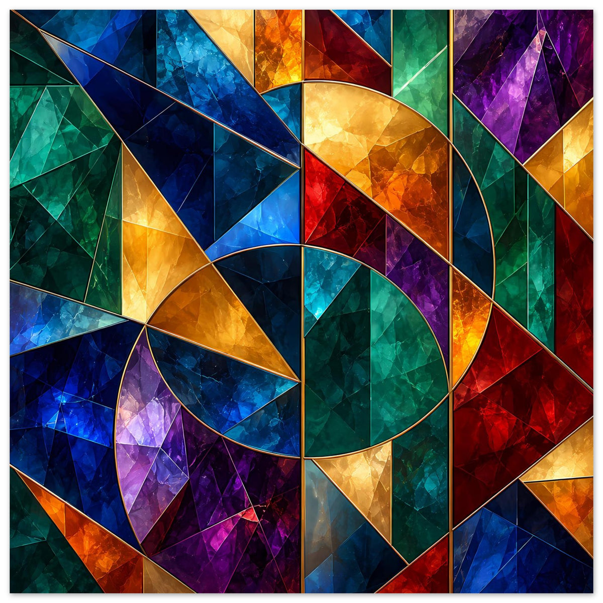 Geometrisches Glasfenster-Motivposter mit bunten Dreiecken und Bögen, Querformat