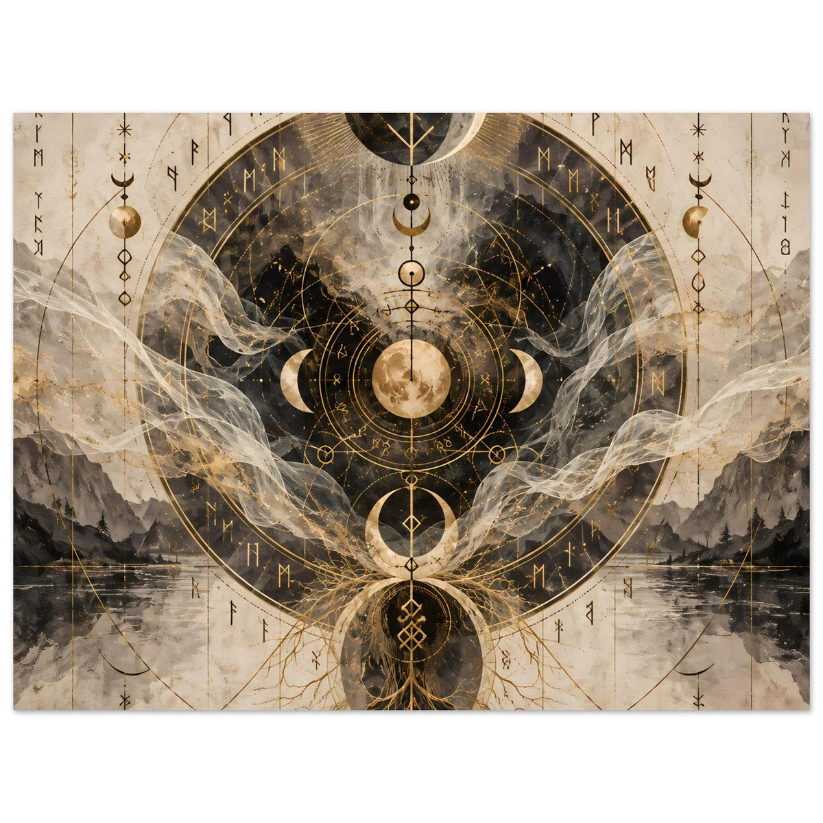 Poster mit Mondphasen, goldenen Symbolringen und dramatischer dunkler Mitte, Querformat