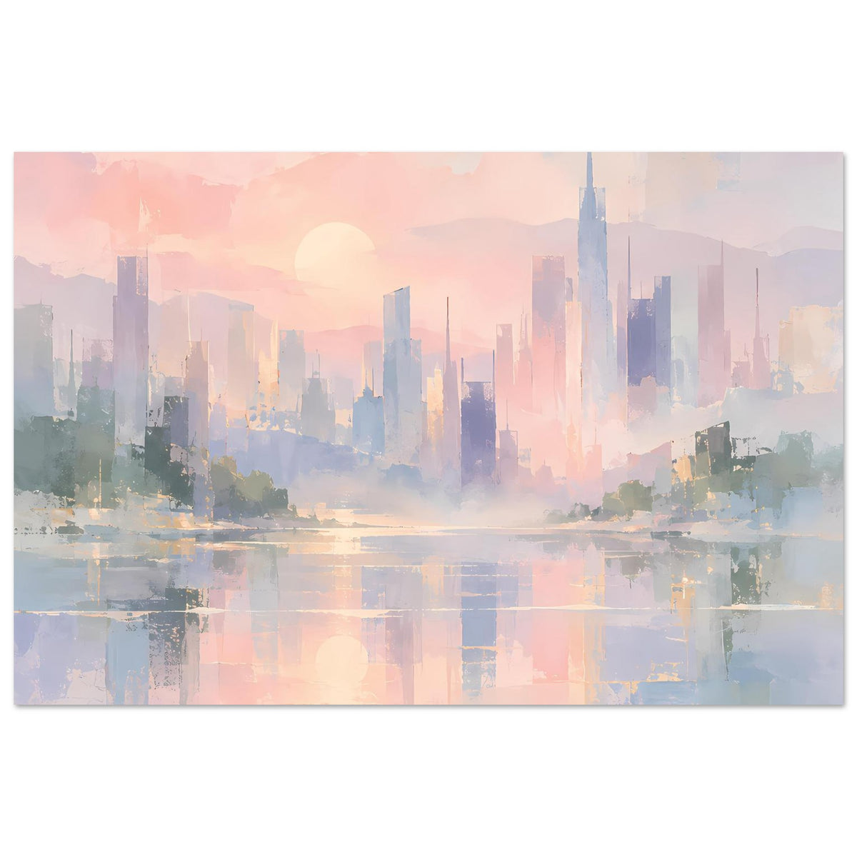 Abstraktes Stadtpanorama-Poster im Querformat mit Pastellrosa Himmel und reflektierender Fläche