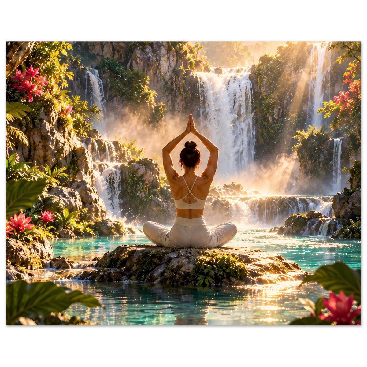 Yoga-Meditationsposter: Frau im Lotussitz mit Händen über dem Kopf, Wasserfälle und Landschaft