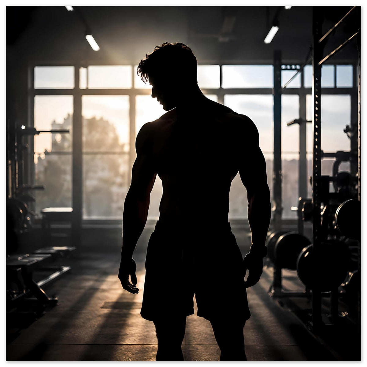 Fitness-Poster: Silhouette eines muskulösen Mannes, von vorne nach links, kräftige Konturen