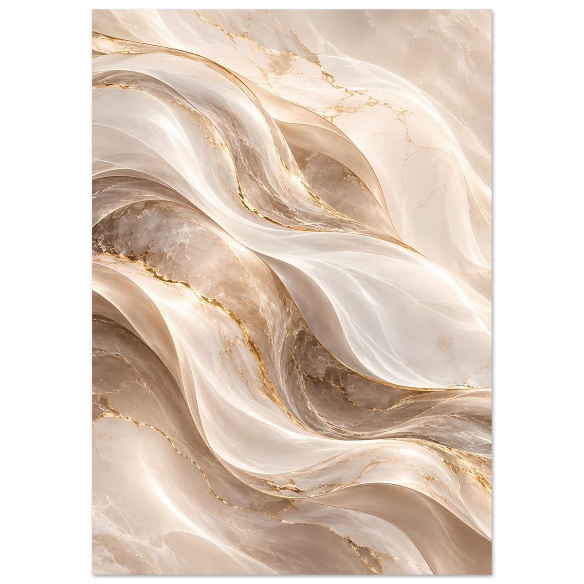 Abstraktes Wellen-Poster vertikal: fließende Creme-Gold-Taupe-Wellen mit marmorierten Adern.