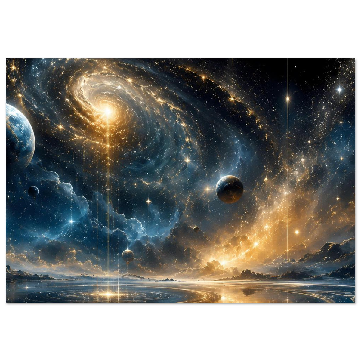 Weltraum-Poster mit Spiralgalaxie, vielen Sternen und Planeten, unten reflektierender Weg
