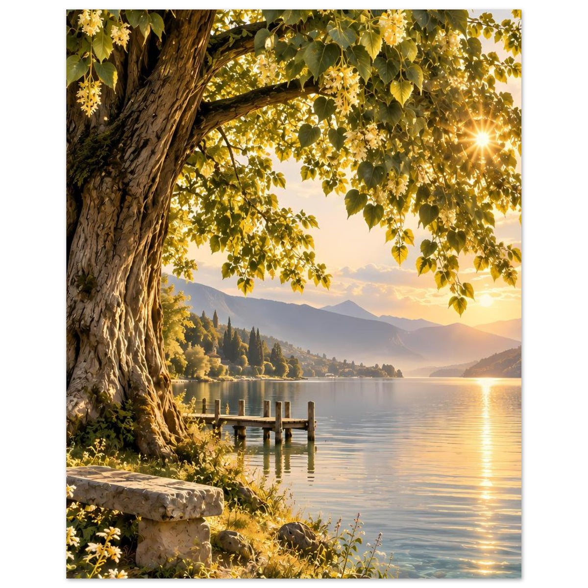 Poster mit Baum, Blätterdach, Seeufer, Holzsteg und tiefstehender Sonne im Abendlicht