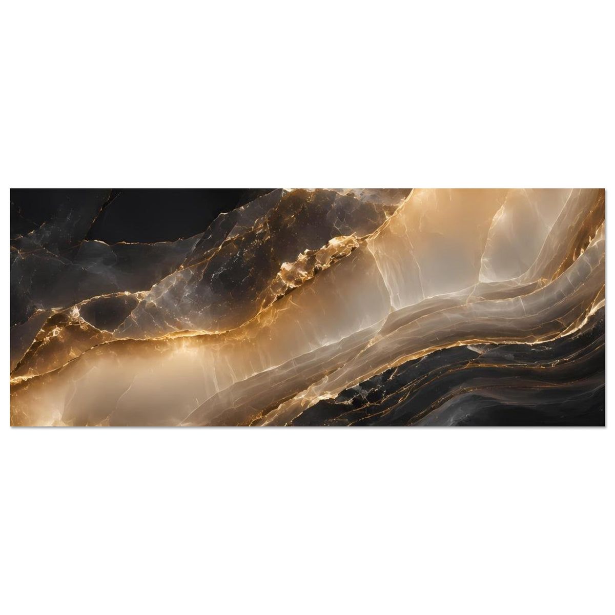 Abstrakter Marmor Kunstdruck mit goldenen Linien, beigen Schleiern und dunklen Konturen