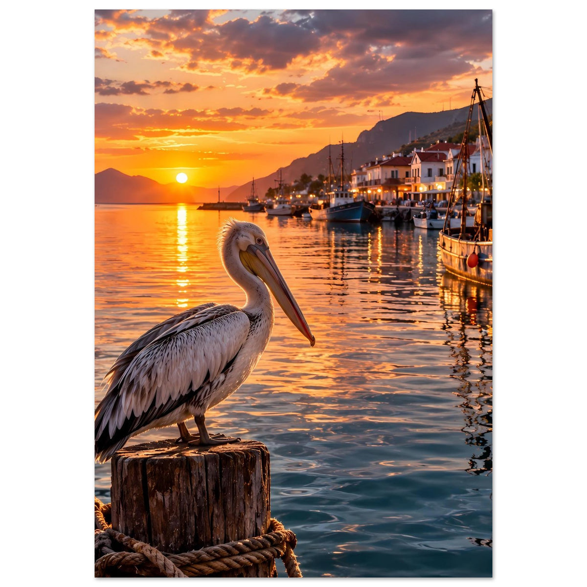 Premium-Poster: Pelikan auf Holzpfahl am Ufer, goldener Sonnenuntergang, Hafenlichter
