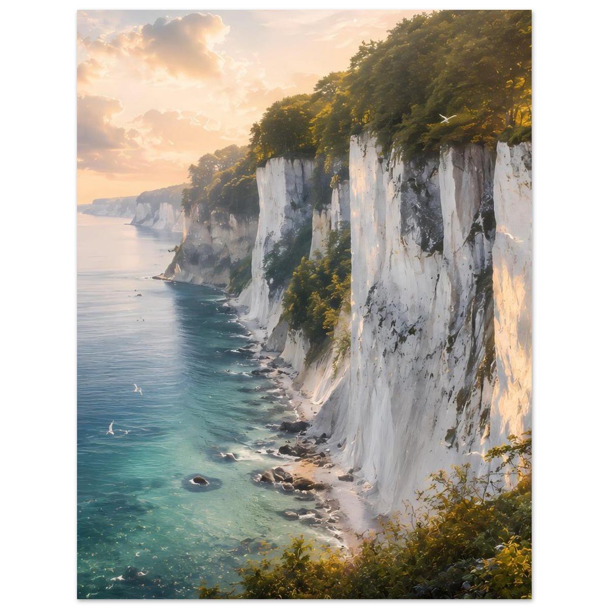 Kunstdruck Poster im Hochformat: Kreidefelsen, türkisblaues Wasser und Küstenstreifen