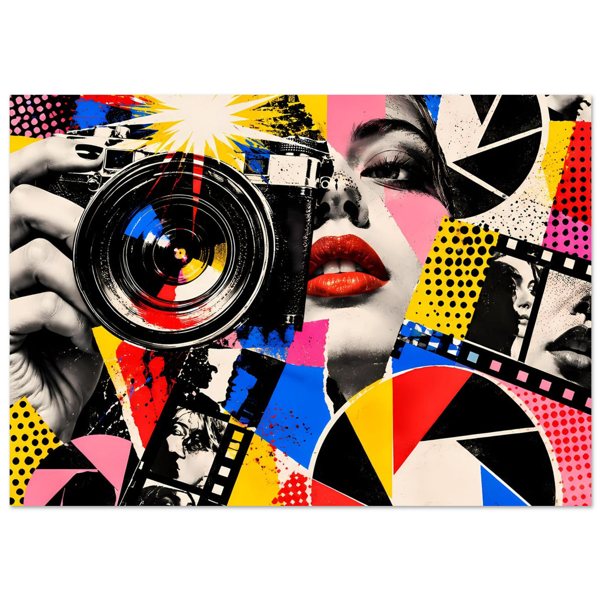 Pop-Art-Fotografieposter mit Kameraobjektiv, Frauengesicht mit roten Lippen und geometrischen Mustern