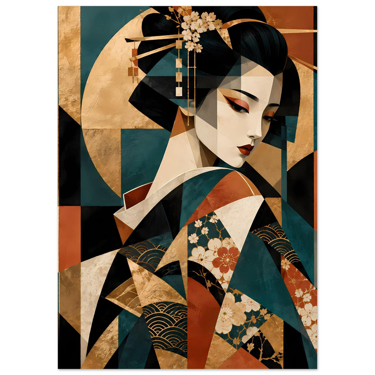 Geisha-Kunstposter mit ganzer Figur der Geisha, florales Muster auf dem Kimono