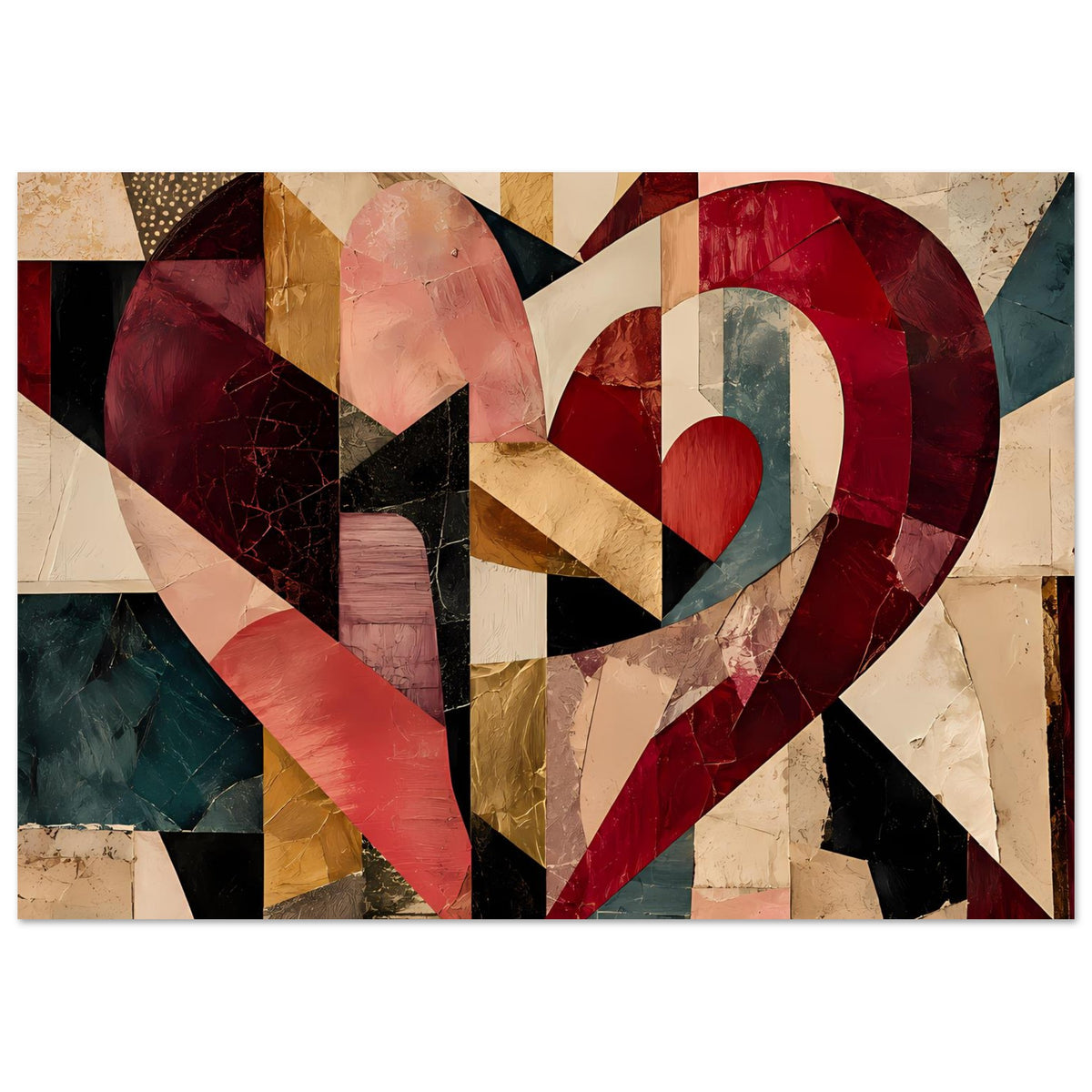 Abstraktes Herz-Cubist-Poster, volle Darstellung: geometrische Formen in tiefem Rot und Braunbeige