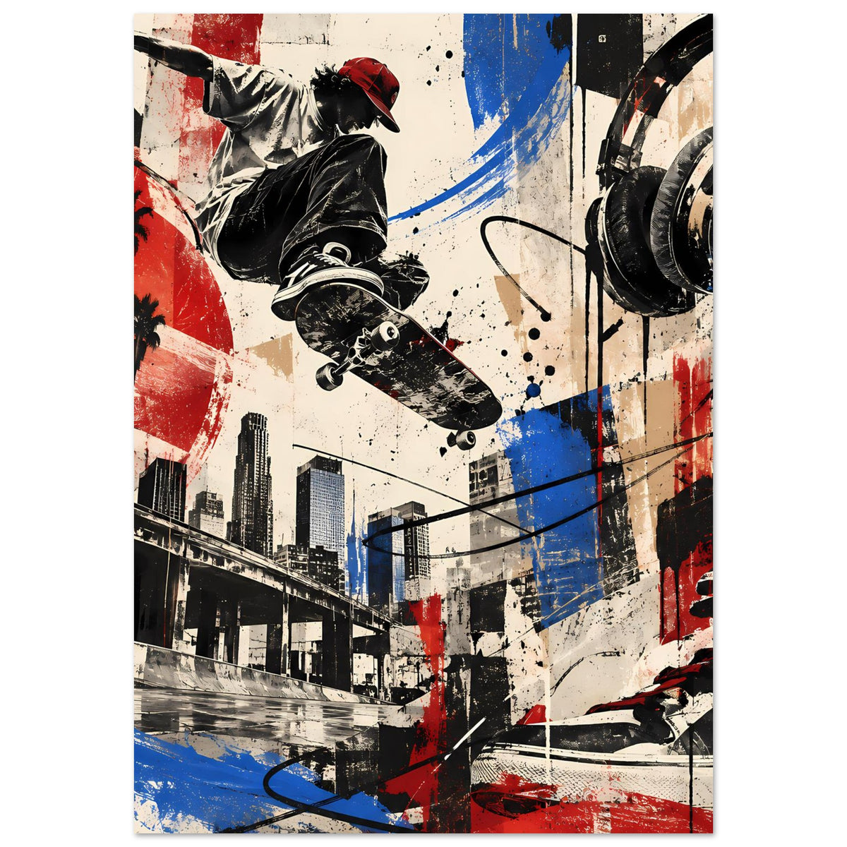 Wandposter mit Skateboard-Szene, farbige Spritzer und Gebäudelinien in Rot, Blau, Schwarz