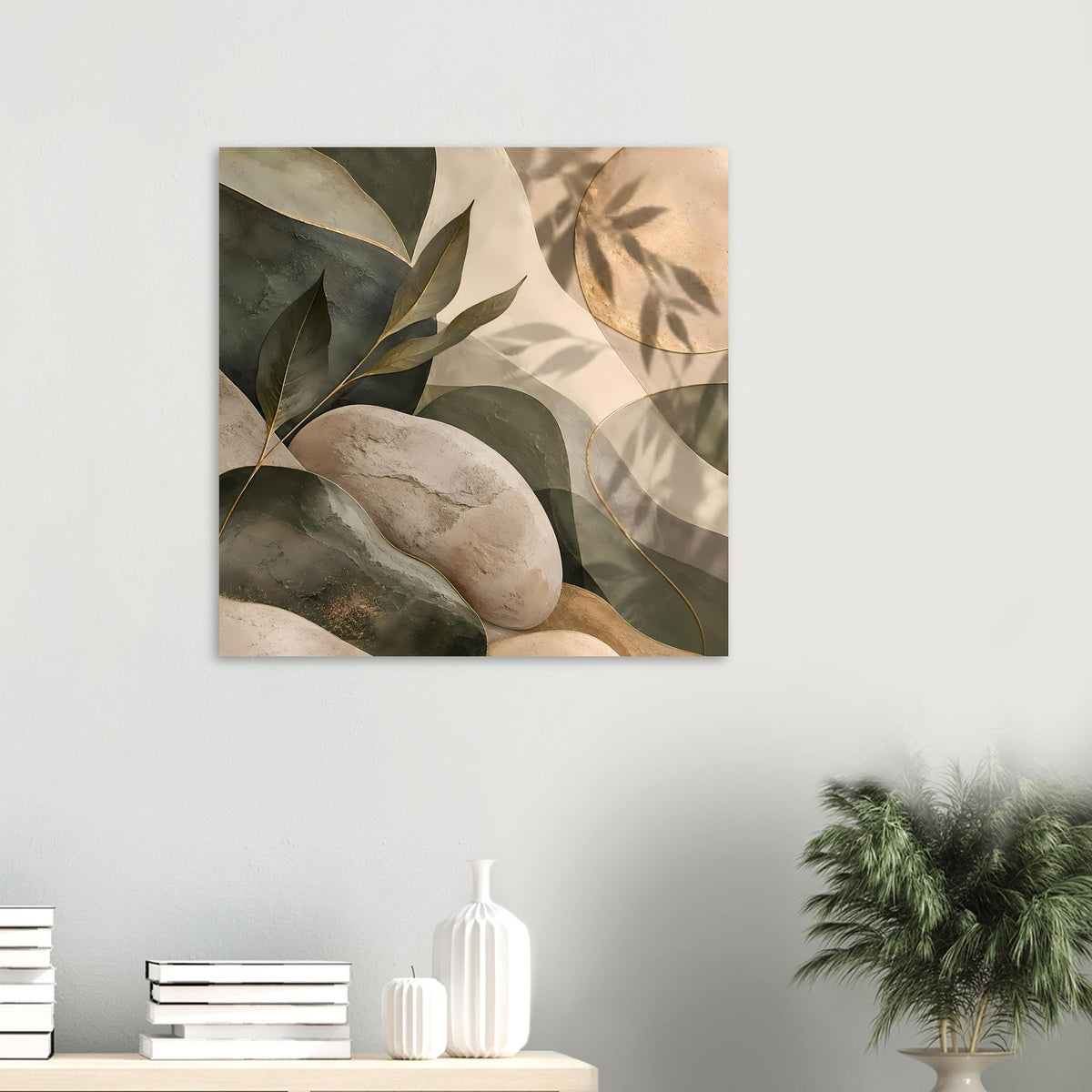Abstraktes Poster im Querformat: beige Steine, grüne Blätter und goldene Umrisslinien
