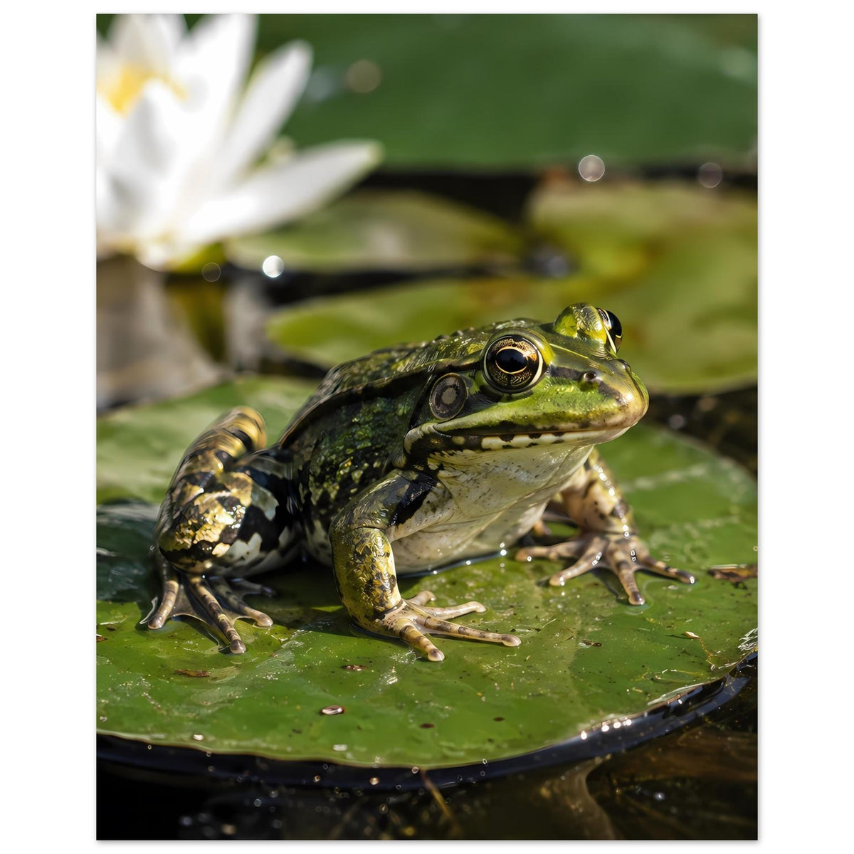 Poster: Frosch mit gelbem Muster sitzt auf Seerosenblatt, Nahansicht im Wasser