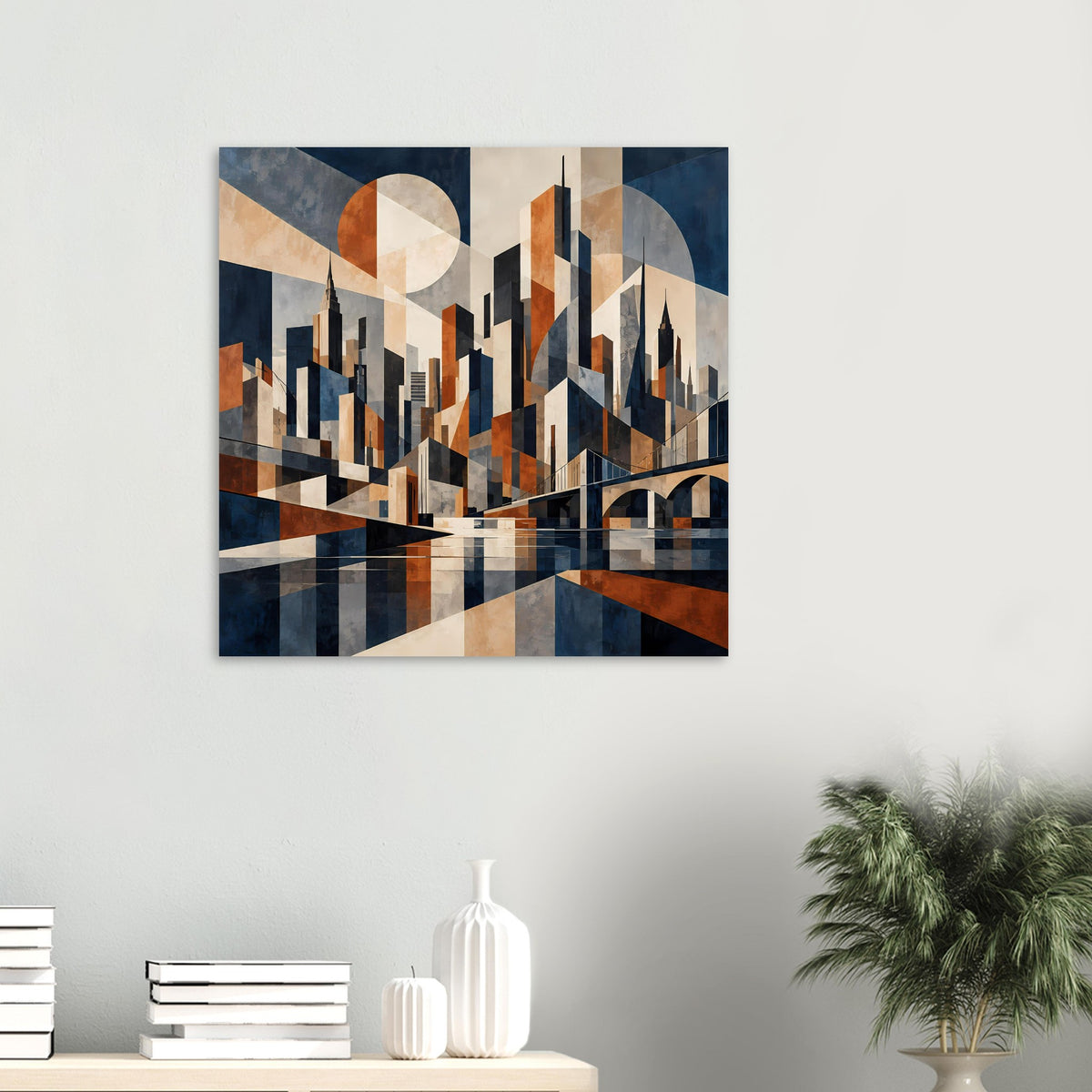 Wandposter mit geometrischer Stadtsilhouette in Marineblau und Rostrot über Konsole