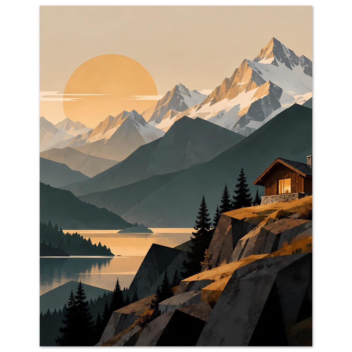 Poster: Alpenlandschaft mit See, Tannen im Vordergrund und Holzhaus auf Felsvorsprung