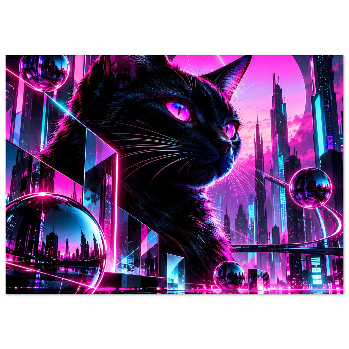 Neonkatzen-Poster im Querformat mit schwarzer Katze und leuchtendem Cyberpunk-Stadtbild