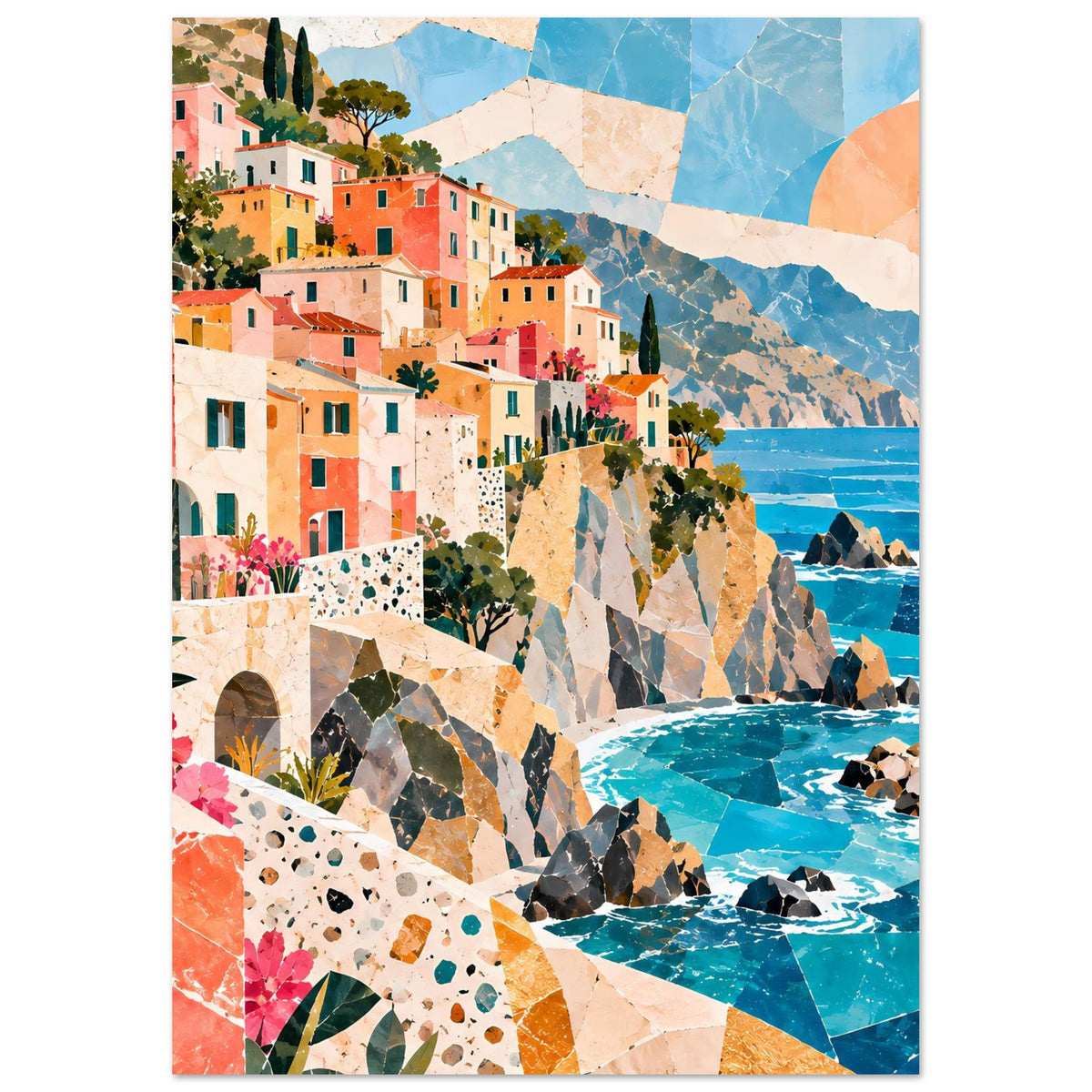 Posterdruck Küstendorf am Meer im Hochformat: bunte Häuser, türkisfarbenes Wasser, Felsen