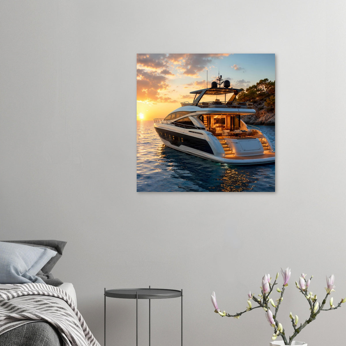Yacht-Sonnenuntergangsposter, kleiner Ausschnitt: Motoryacht mit warm beleuchtetem Oberdeck