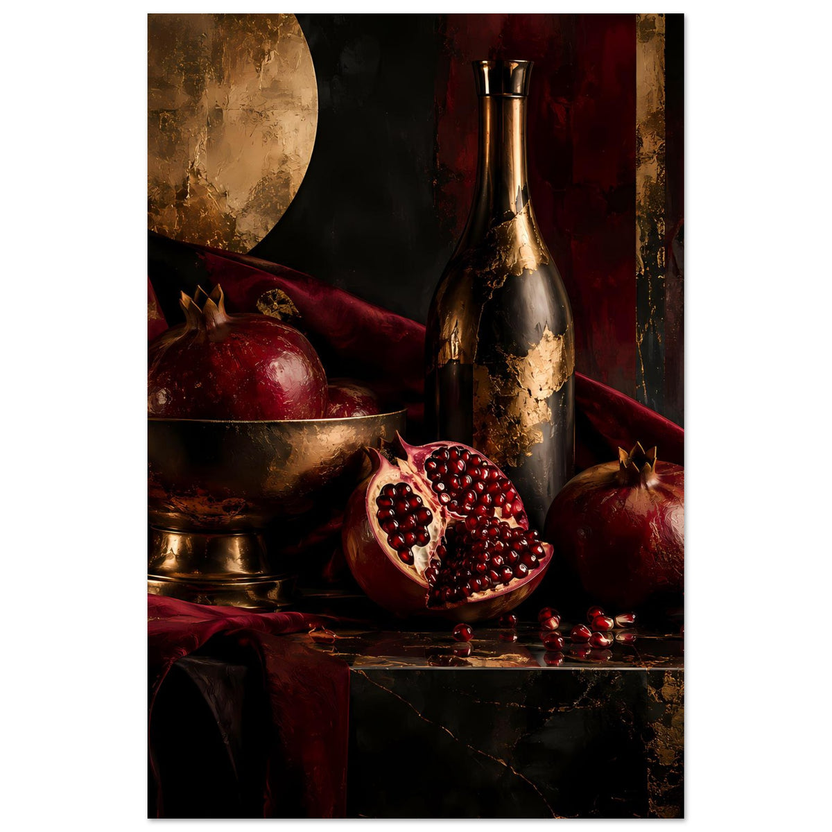 Poster mit Granatapfel-Stillleben: rote Früchte, Flasche und Schale auf dunkler Fläche