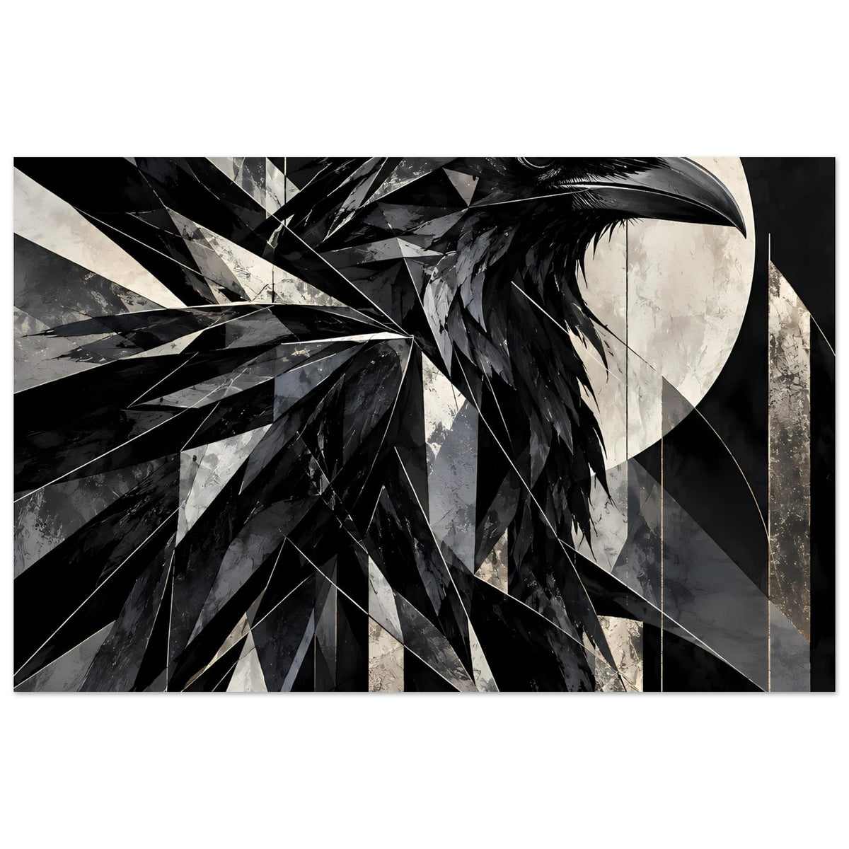 Kunstposter mit geometrischem Rabenmotiv in Schwarz und Weiß, als Panorama im Querformat