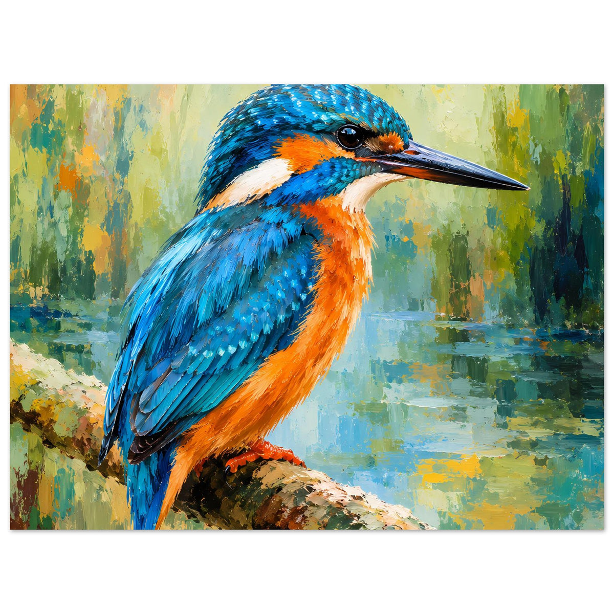 Poster Motiv Eisvogel auf Zweig, kräftige blaue Federn und orangene Unterseite, klarer Schnabel