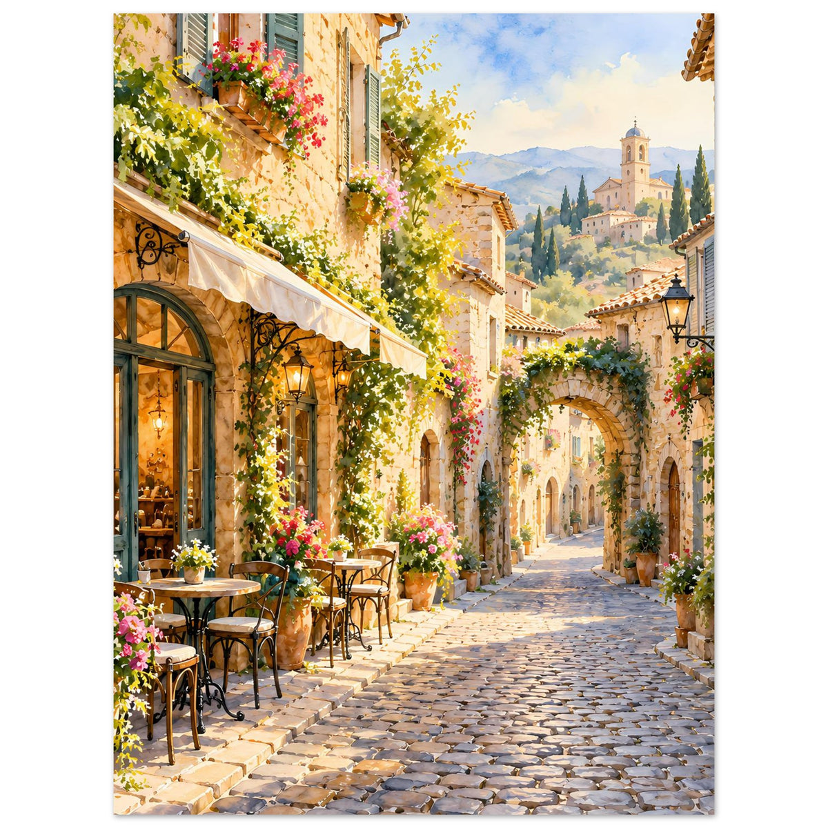 Vertikales Poster einer mediterranen Gasse mit Blumen, Bögen und Bergdorf