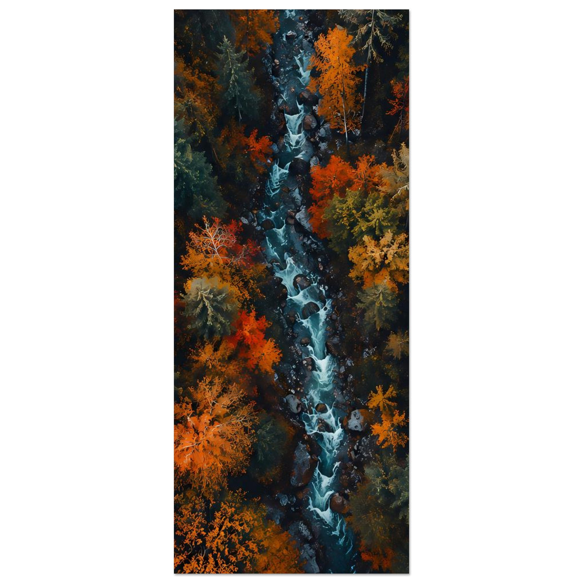 Herbstliches Flusswald-Poster (hochkant): blauer Bach zwischen orangefarbenen und grünen Bäumen