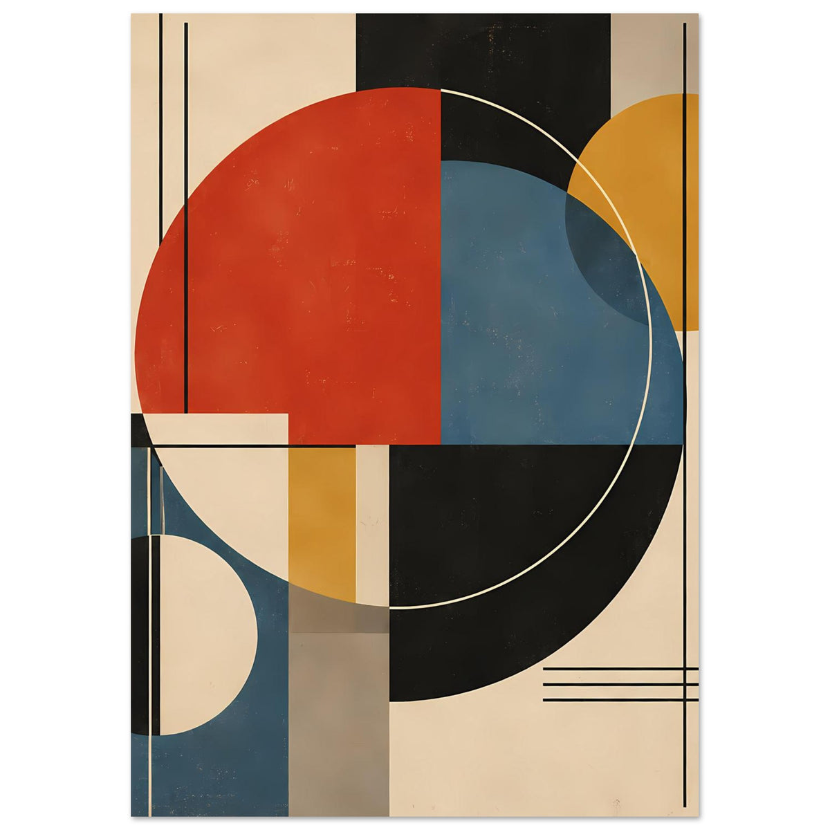 Abstraktes Geometrie-Poster (Hochformat) mit großem Kreis, Halbkreisen und Streifen in Rot und Blau.