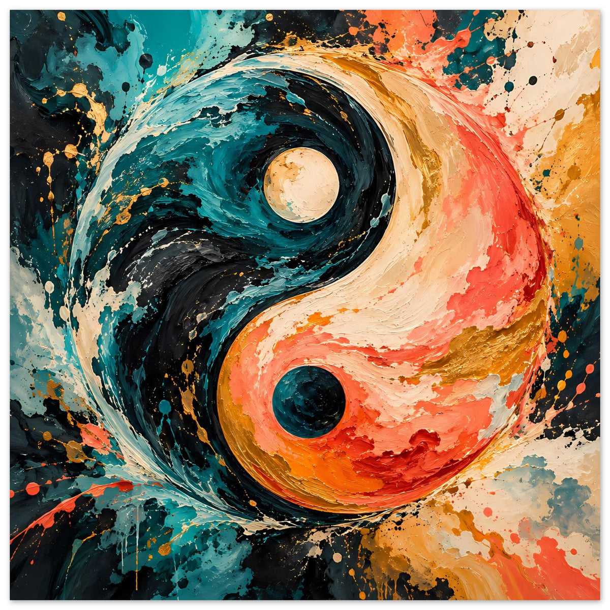 Abstraktes Yin-Yang-Poster, quer: türkis, orange und schwarze Farbfelder mit Kreisen