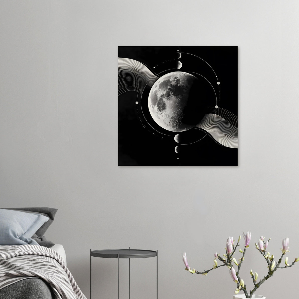 Kleines Quadrat-Poster mit Mondmotiv: silberner Mond, Kreise, Wellenlinien und Punkte