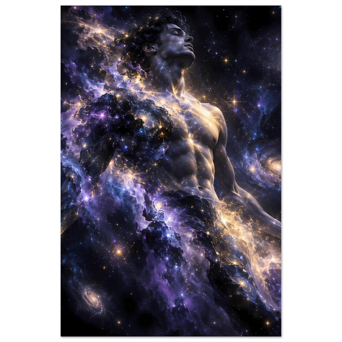 Galaxienposter Hochformat mit männlicher Figur im All, violette Nebel und goldene Glut