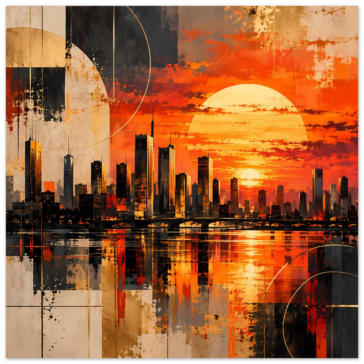 Poster mit Skyline, orangefarbenem Himmel, halbkreisförmiger Sonne und Kreisbögen
