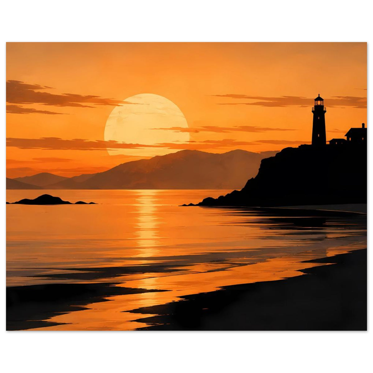 Horizontales Küstenposter: Leuchtturm rechts, Sonnenuntergang und Sandstrand