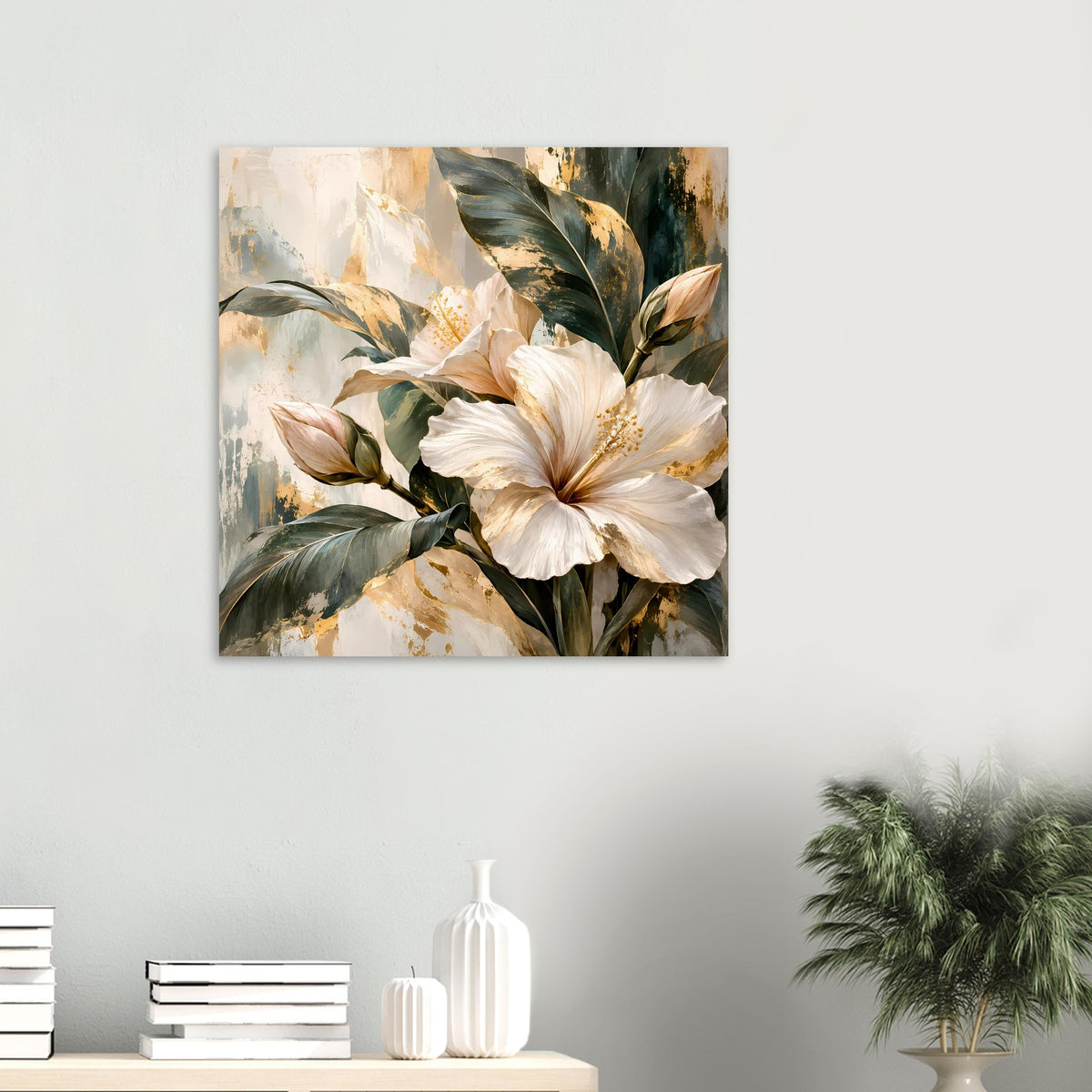 Quadratisches Blumenposter mit weißer Blüte, goldenen Tupfen und grünen Blättern