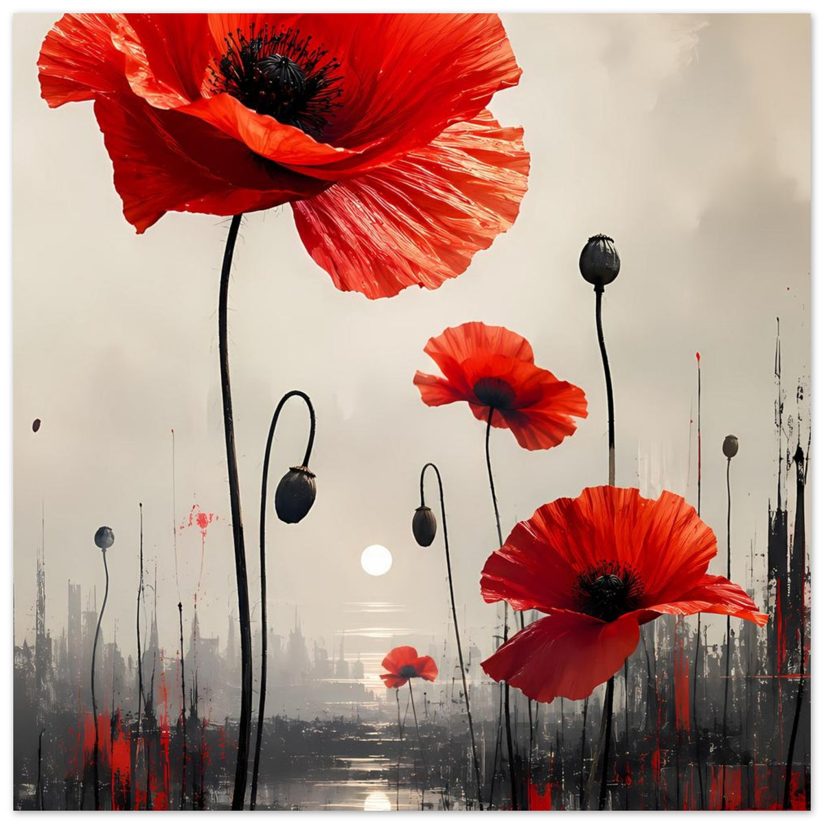 Abstraktes Blumenposter: rote Mohnblumen mit schwarzen Stielen und mehrere Blüten