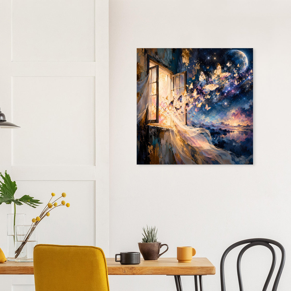 Quadratisches Kunstposter: blauer Nachthimmel, flirrende Lichtmuster und Schmetterlinge