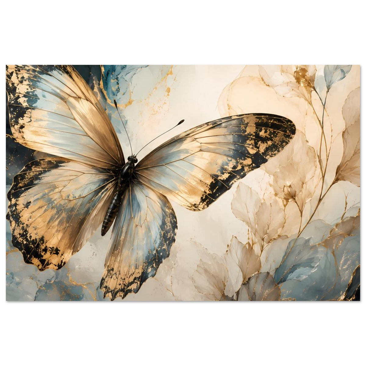 Schmetterlingskunst-Poster im Querformat: goldblauer Schmetterling über hellen Blütenzweigen