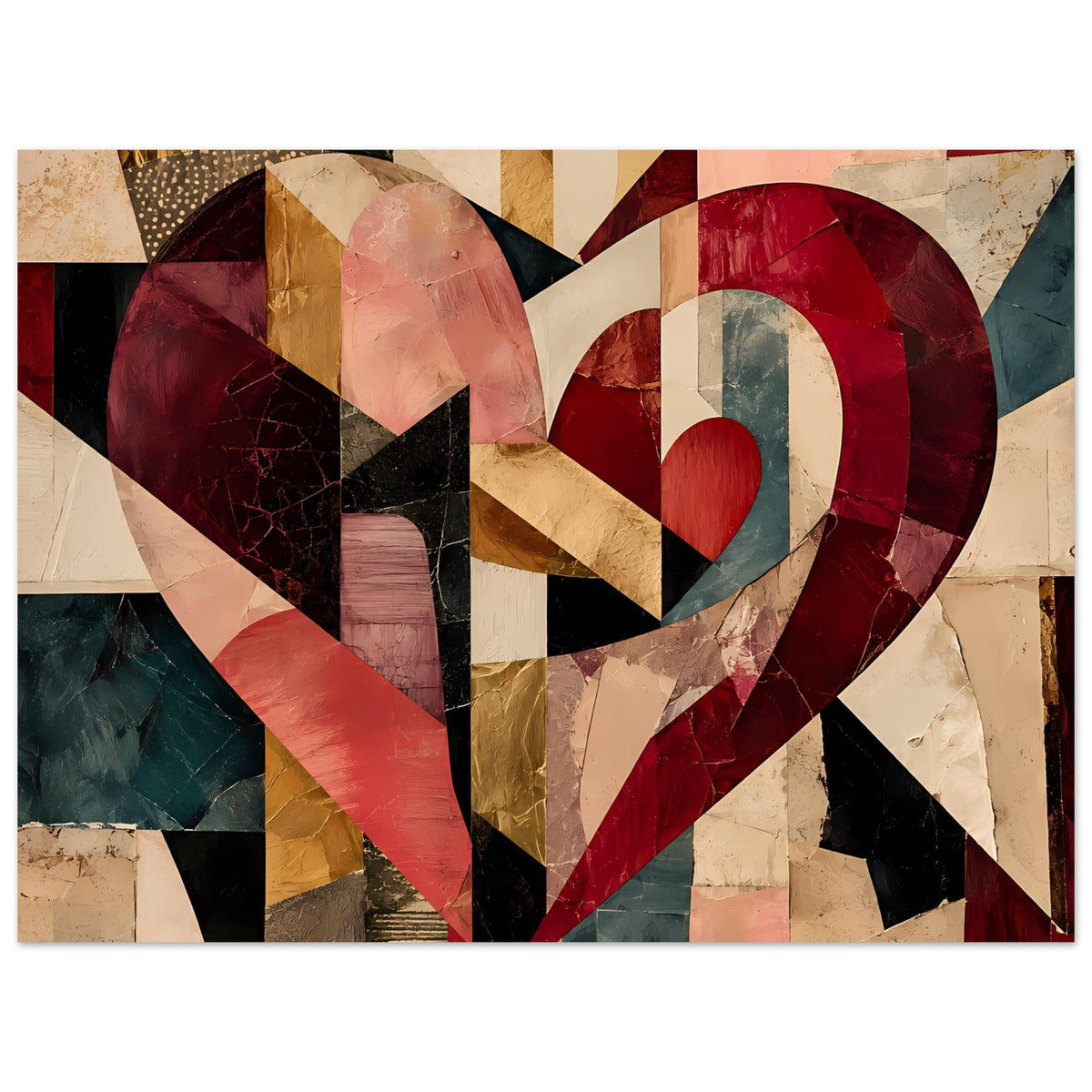 Breites Abstraktes Herzposter mit kubistischer Collage in Rot, Beige und Dunkelblau